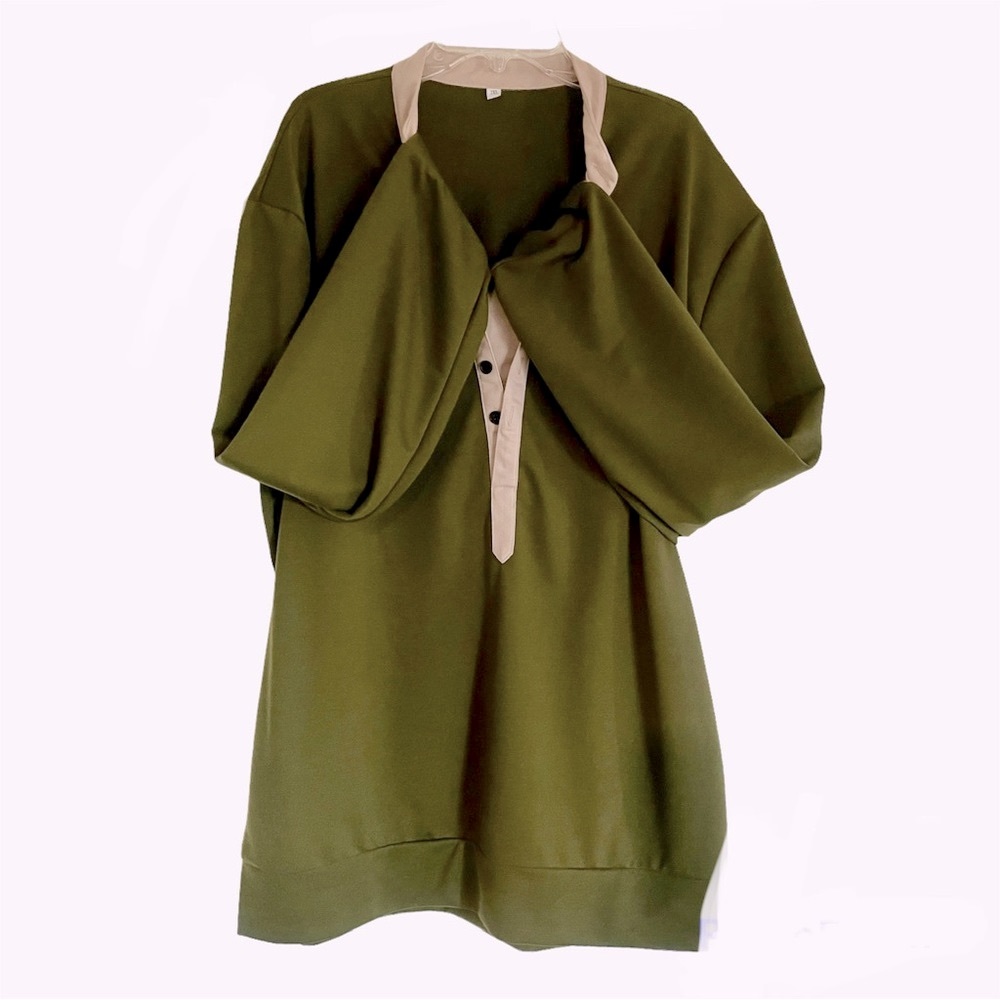 Olive and Tan Popover Cotton Blend Soft Vneck Faux Layered Sweatshirt NWT